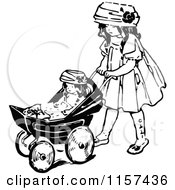 Poster, Art Print Of Retro Vintage Black And White Girl Pushing A Doll In A Stroller