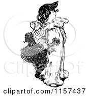 Clipart Of A Retro Vintage Black And White Girl Holding A Flower Royalty Free Vector Illustration