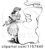 Clipart Of A Retro Vintage Black And White Girl With A Banner Royalty Free Vector Illustration