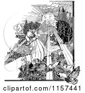 Clipart Of A Retro Vintage Black And White Sun Shining On A Girl With Butterflies Royalty Free Vector Illustration