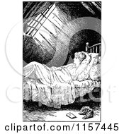 Clipart Of A Retro Vintage Black And White Boy Thinking In An Attic Bed Royalty Free Vector Illustration