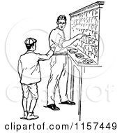 Clipart Of A Retro Vintage Black And White Boy And Man In A Sorting Office Royalty Free Vector Illustration