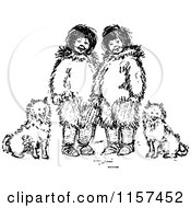 Clipart Of Retro Vintage Black And White Eskimo Kids And Dogs Royalty Free Vector Illustration by Prawny Vintage