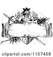 Clipart Of A Retro Vintage Black And White Knight Sword Shield Helmet And Banner Royalty Free Vector Illustration