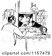 Clipart Of A Retro Vintage Black And White Clerk And Cat Assisting Customers Royalty Free Vector Illustration