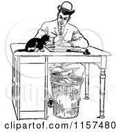 Clipart Of A Retro Vintage Black And White Man Working At A Desk With A Cat Royalty Free Vector Illustration