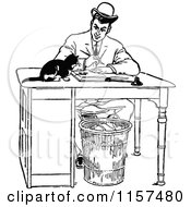 Poster, Art Print Of Retro Vintage Black And White Man Working At A Desk With A Cat