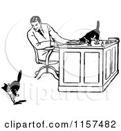 Clipart Of A Retro Vintage Black And White Man Watching Cats At A Desk Royalty Free Vector Illustration