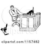 Poster, Art Print Of Retro Vintage Black And White Man Watching Cats At A Desk