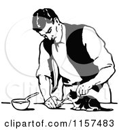 Poster, Art Print Of Retro Vintage Black And White Man Feeding A Kitten