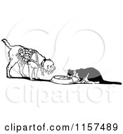 Clipart Of A Retro Vintage Black And White Cat And Dog Eating Royalty Free Vector Illustration