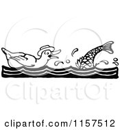 Clipart Of A Retro Vintage Black And White Duck And Fish Royalty Free Vector Illustration by Prawny Vintage