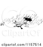 Poster, Art Print Of Retro Vintage Black And White Ducks Running In The Rain With An Umbrella