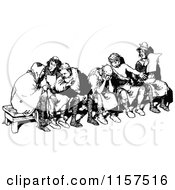 Clipart Of A Retro Vintage Black And White Group Of Men On A Bench Royalty Free Vector Illustration