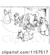 Clipart Of A Retro Vintage Black And White Group Of People Around A Fire Royalty Free Vector Illustration