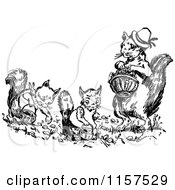 Poster, Art Print Of Retro Vintage Black And White Squirrel Family Gathering Acorns