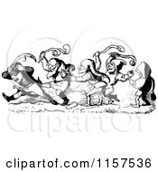 Clipart Of Retro Vintage Black And White Dwarfs In A Chase Royalty Free Vector Illustration