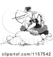 Clipart Of A Retro Vintage Black And White Kneeling Female Archer Royalty Free Vector Illustration