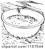 Clipart Of A Retro Vintage Black And White Ant On A Bowl Of Food Royalty Free Vector Illustration