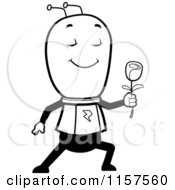 Cartoon Clipart Of A Black And White Romantic Alien Giving A Rose Vector Outlined Coloring Page