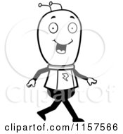 Cartoon Clipart Of A Black And White Happy Alien Walking Vector Outlined Coloring Page