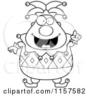 Cartoon Clipart Of A Black And White Pudgy Jester With An Idea Vector Outlined Coloring Page