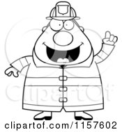 Cartoon Clipart Of A Black And White Pudgy Fireman With An Idea Vector Outlined Coloring Page