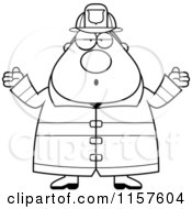 Cartoon Clipart Of A Black And White Pudgy Fireman Shrugging Vector Outlined Coloring Page