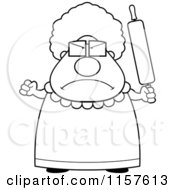 Cartoon Clipart Of A Black And White Plump Granny Waving A Rolling Pin In Anger Vector Outlined Coloring Page