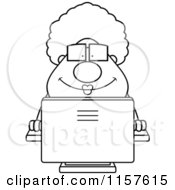 Cartoon Clipart Of A Black And White Plump Granny Using A Desktop Computer Vector Outlined Coloring Page