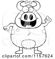 Cartoon Clipart Of A Black And White Spotted Chubby Bull With An Idea Vector Outlined Coloring Page