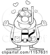 Cartoon Clipart Of A Black And White Chubby Male Scuba Diver With Open Arms Vector Outlined Coloring Page by Cory Thoman