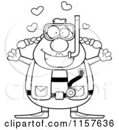 Cartoon Clipart Of A Black And White Chubby Female Scuba Diver With Open Arms Vector Outlined Coloring Page by Cory Thoman