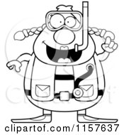 Cartoon Clipart Of A Black And White Chubby Female Scuba Diver With An Idea Vector Outlined Coloring Page