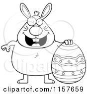 Cartoon Clipart Of A Black And White Chubby Easter Rabbit With An Egg Vector Outlined Coloring Page
