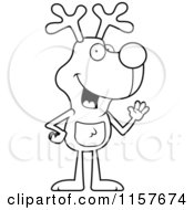 Cartoon Clipart Of A Black And White Waving Rudolph Standing On His Hind Legs Vector Outlined Coloring Page by Cory Thoman
