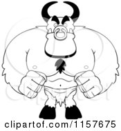 Cartoon Clipart Of A Black And White Huge Devil Bull Vector Outlined Coloring Page