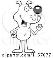 Cartoon Clipart Of A Black And White Skinny Dog Standing On His Hind Legs And Waving Vector Outlined Coloring Page