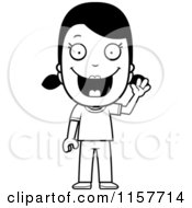 Cartoon Clipart Of A Black And White Happy Girl Waving Vector Outlined Coloring Page