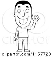 Cartoon Clipart Of A Black And White Happy Man Waving Vector Outlined Coloring Page