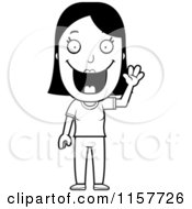 Cartoon Clipart Of A Black And White Happy Woman Waving Vector Outlined Coloring Page