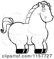 Cartoon Clipart Of A Black And White Chubby Horse Vector Outlined Coloring Page