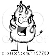 Cartoon Clipart Of A Black And White Happy Flame Waving Vector Outlined Coloring Page