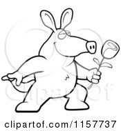 Cartoon Clipart Of A Black And White Romantic Aardvark Presenting A Rose For His Love Vector Outlined Coloring Page