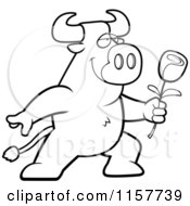 Cartoon Clipart Of A Black And White Romantic Bull Presenting A Rose For His Love Vector Outlined Coloring Page