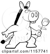 Cartoon Clipart Of A Black And White Romantic Donkey Presenting A Rose Vector Outlined Coloring Page