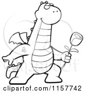 Cartoon Clipart Of A Black And White Romantic Dragon Presenting A Rose For His Love Vector Outlined Coloring Page