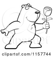 Cartoon Clipart Of A Black And White Romantic Groundhog Presenting A Rose For His Love Vector Outlined Coloring Page
