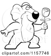 Cartoon Clipart Of A Black And White Romantic Koala Presenting A Rose Vector Outlined Coloring Page