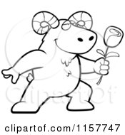 Cartoon Clipart Of A Black And White Romantic Ram Presenting A Rose Vector Outlined Coloring Page